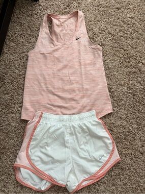 Nike coral/peach Heather Racerback Tank and White Pink-Trim Shorts Set